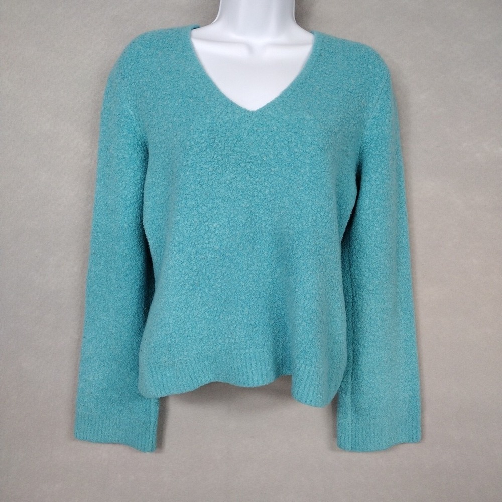 Express Women L Sweater Aqua Blue Vintage Wool Blend V Neck Stretch Pullover